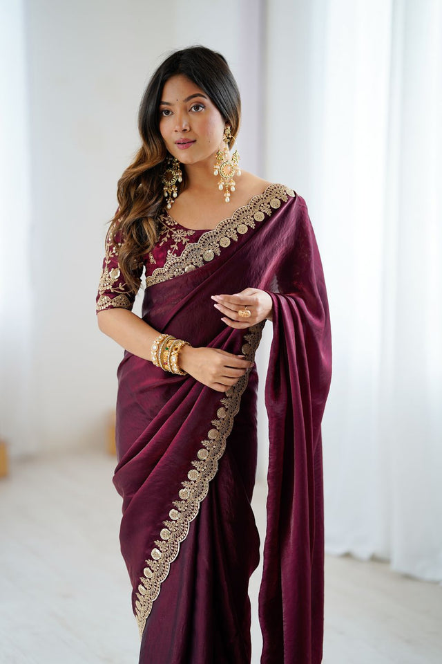 Wine Sequin Satin Saree (ACA9510)