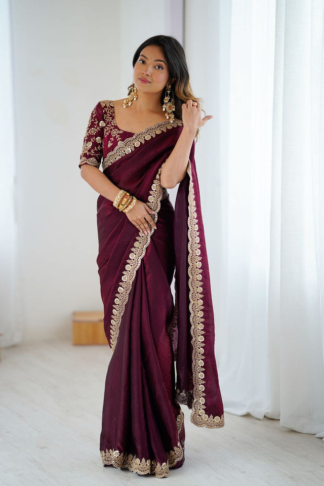 Wine Sequin Satin Saree (ACA9510)