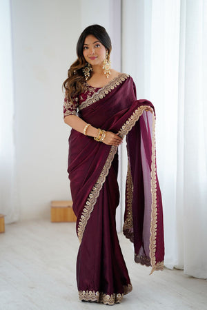 Wine Sequin Satin Saree (ACA9510)