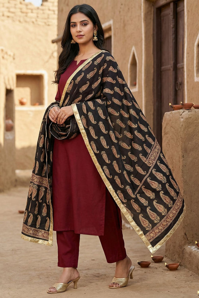 Black Printed Cotton Dupatta (ACA9521)