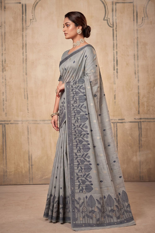 Grey Woven Cotton Saree (ACA9526)