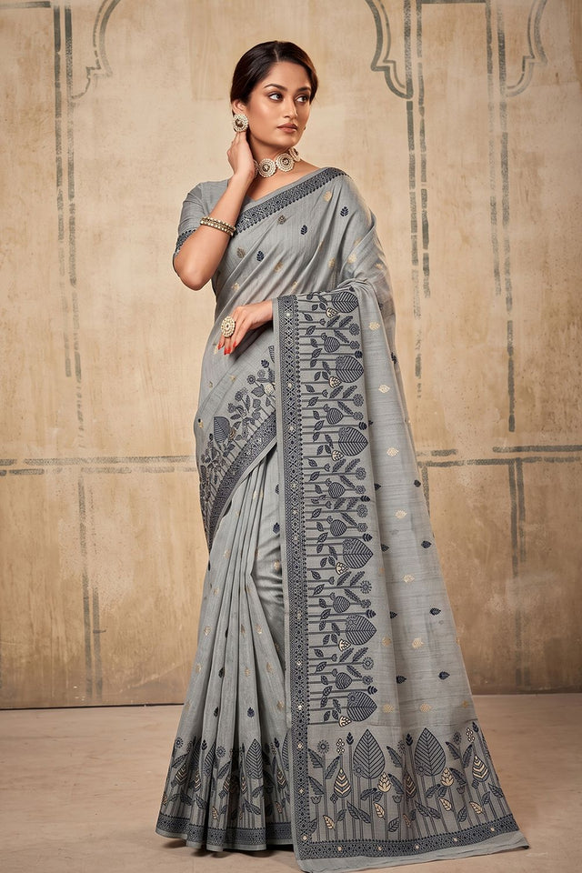 Grey Woven Cotton Saree (ACA9526)