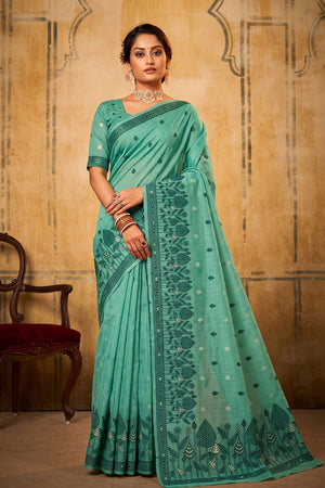 Sea Green Woven Cotton Saree (ACA9527)