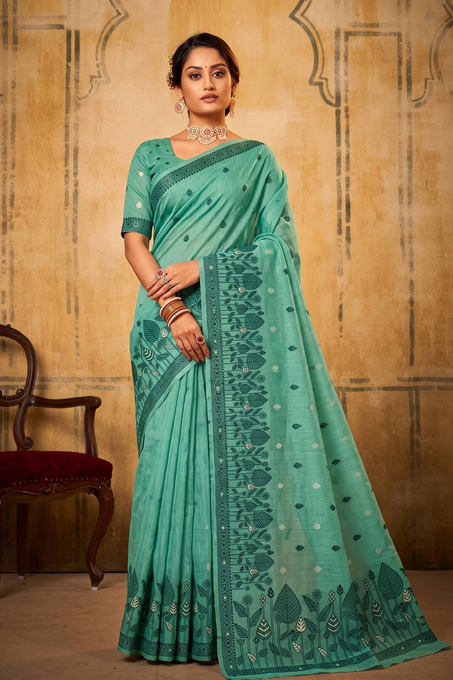 Sea Green Woven Cotton Saree (ACA9527)