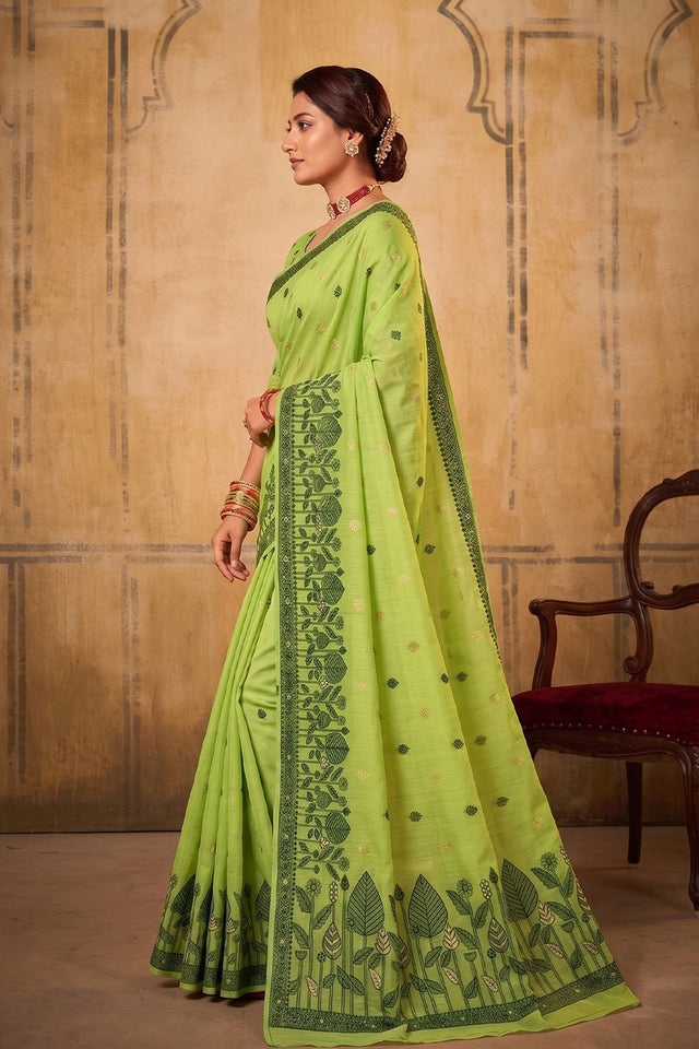 Green Woven Cotton Saree (ACA9529)