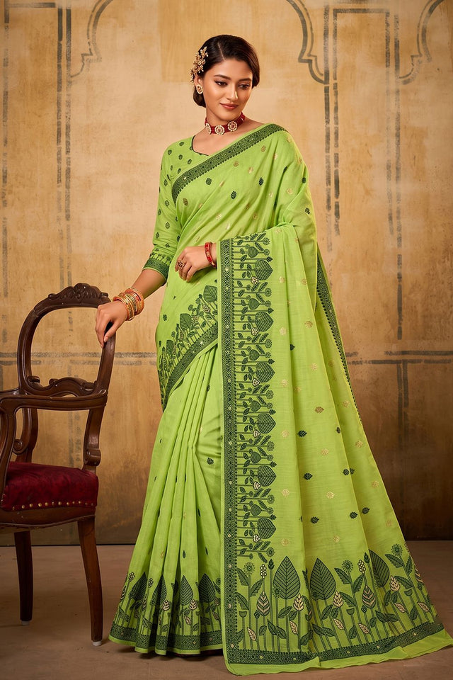 Green Woven Cotton Saree (ACA9529)