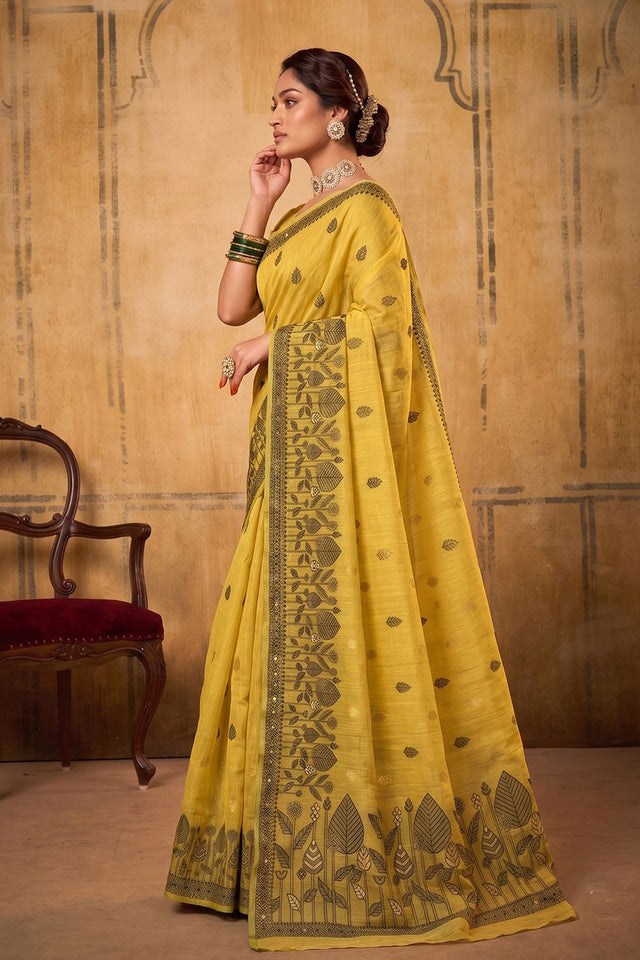 Yellow Woven Cotton Saree (ACA9530)