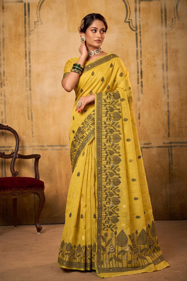 Yellow Woven Cotton Saree (ACA9530)