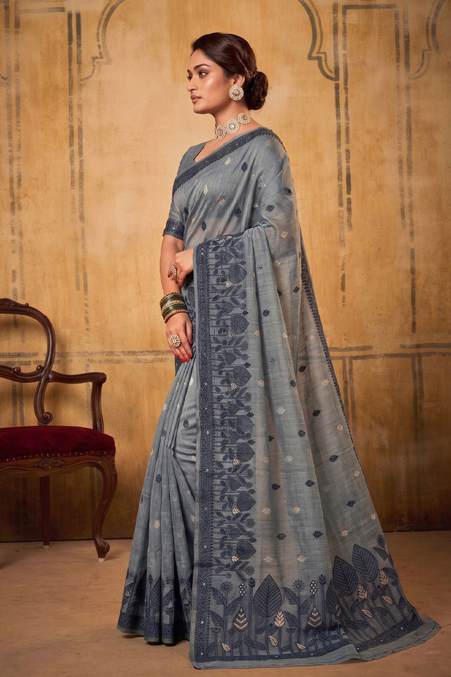 Dark Grey Woven Cotton Saree (ACA9531)