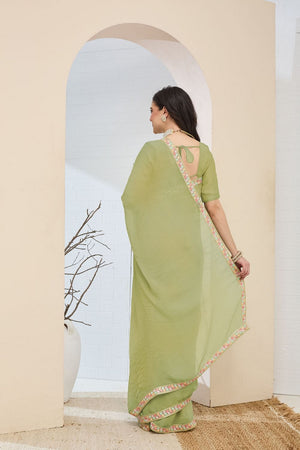 Green Solid with Lace Work Silk Blend Ready to Wear Saree (ACA9532)