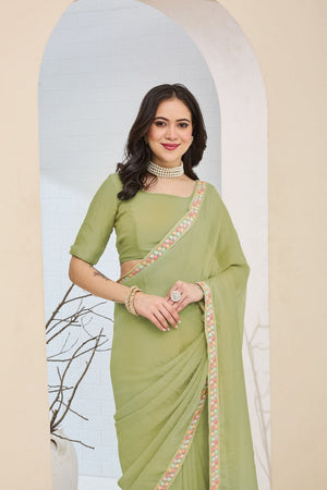 Green Solid with Lace Work Silk Blend Ready to Wear Saree (ACA9532)
