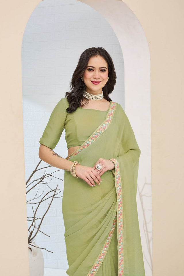 Green Solid with Lace Work Silk Blend Ready to Wear Saree (ACA9532)