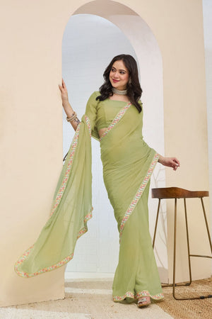 Green Solid with Lace Work Silk Blend Ready to Wear Saree (ACA9532)
