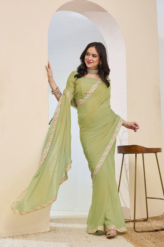 Green Solid with Lace Work Silk Blend Ready to Wear Saree (ACA9532)
