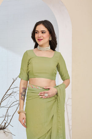 Green Solid with Lace Work Silk Blend Ready to Wear Saree (ACA9532)