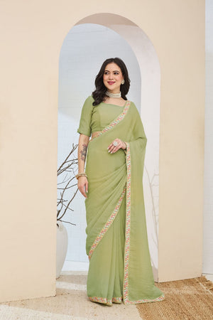 Green Solid with Lace Work Silk Blend Ready to Wear Saree (ACA9532)