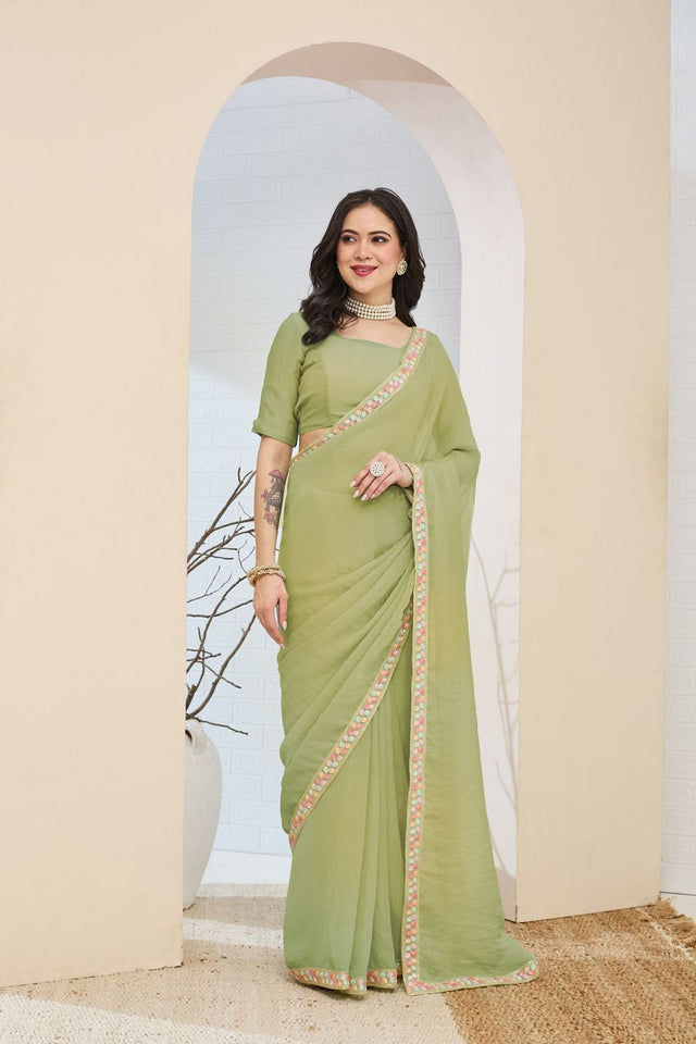 Green Solid with Lace Work Silk Blend Ready to Wear Saree (ACA9532)