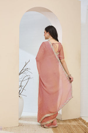 Peach Solid with Lace Work Silk Blend Ready to Wear Saree (ACA9533)