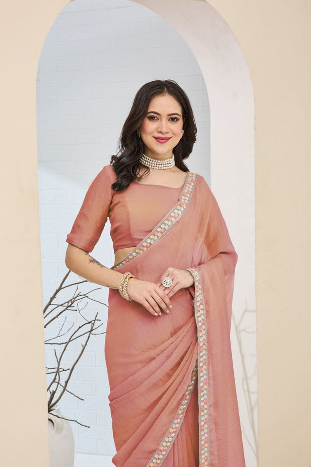 Peach Solid with Lace Work Silk Blend Ready to Wear Saree (ACA9533)