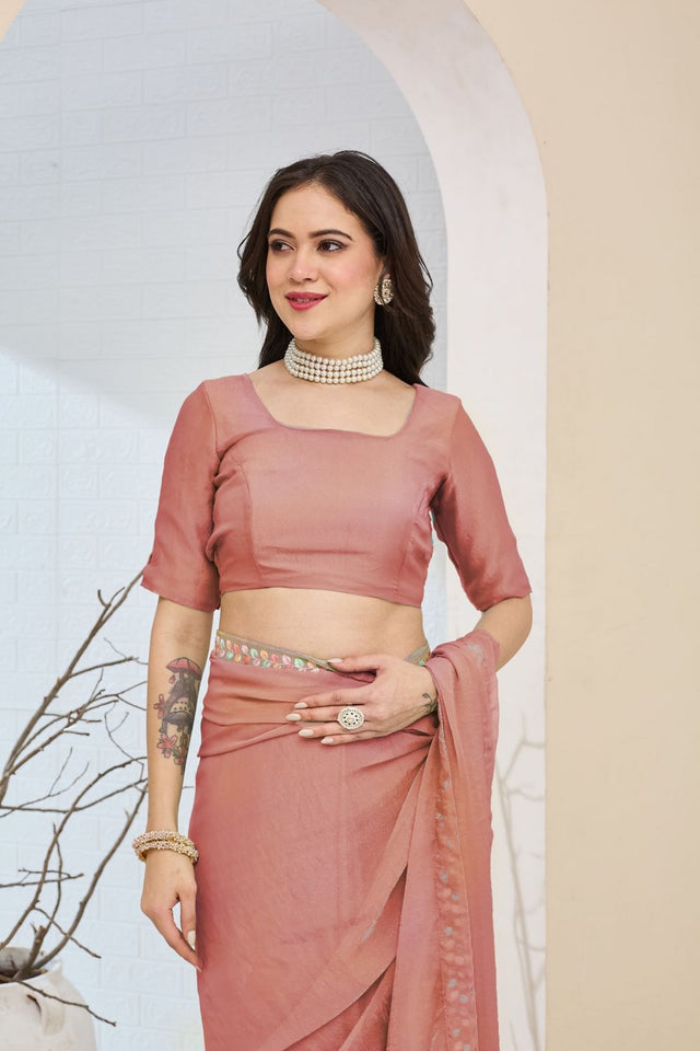 Peach Solid with Lace Work Silk Blend Ready to Wear Saree (ACA9533)