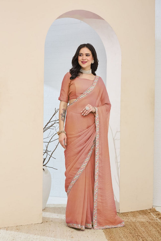 Peach Solid with Lace Work Silk Blend Ready to Wear Saree (ACA9533)