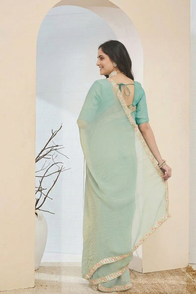 Blue Solid with Lace Work Silk Blend Ready to Wear Saree (ACA9534)