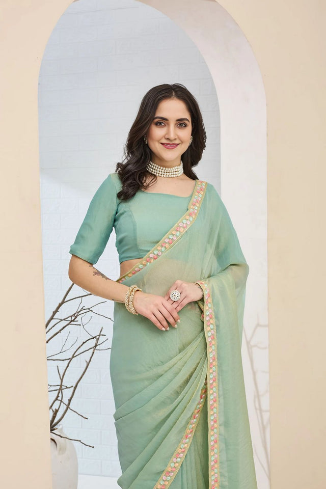 Blue Solid with Lace Work Silk Blend Ready to Wear Saree (ACA9534)