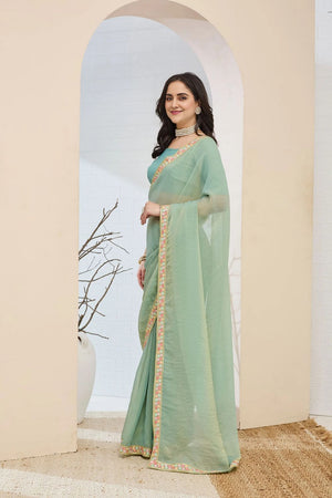 Blue Solid with Lace Work Silk Blend Ready to Wear Saree (ACA9534)