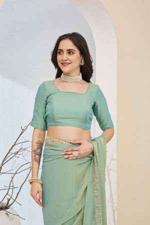 Blue Solid with Lace Work Silk Blend Ready to Wear Saree (ACA9534)