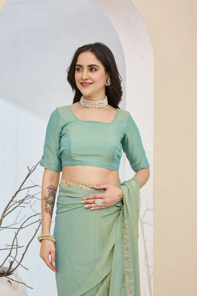 Blue Solid with Lace Work Silk Blend Ready to Wear Saree (ACA9534)