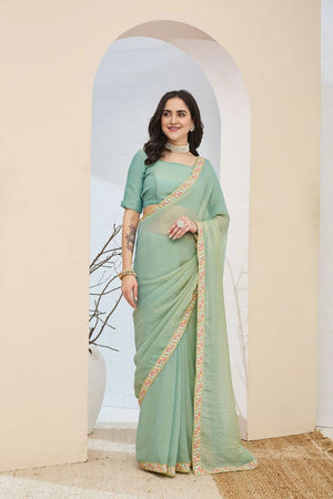 Blue Solid with Lace Work Silk Blend Ready to Wear Saree (ACA9534)