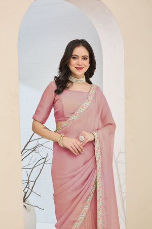Pink Solid with Lace Work Silk Blend Ready to Wear Saree (ACA9535)
