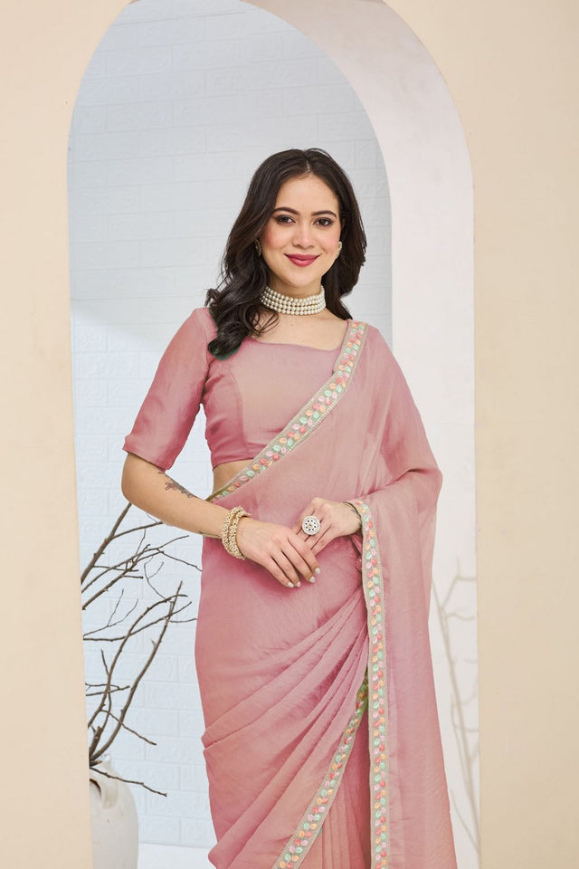 Pink Solid with Lace Work Silk Blend Ready to Wear Saree (ACA9535)