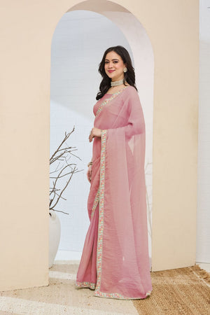 Pink Solid with Lace Work Silk Blend Ready to Wear Saree (ACA9535)