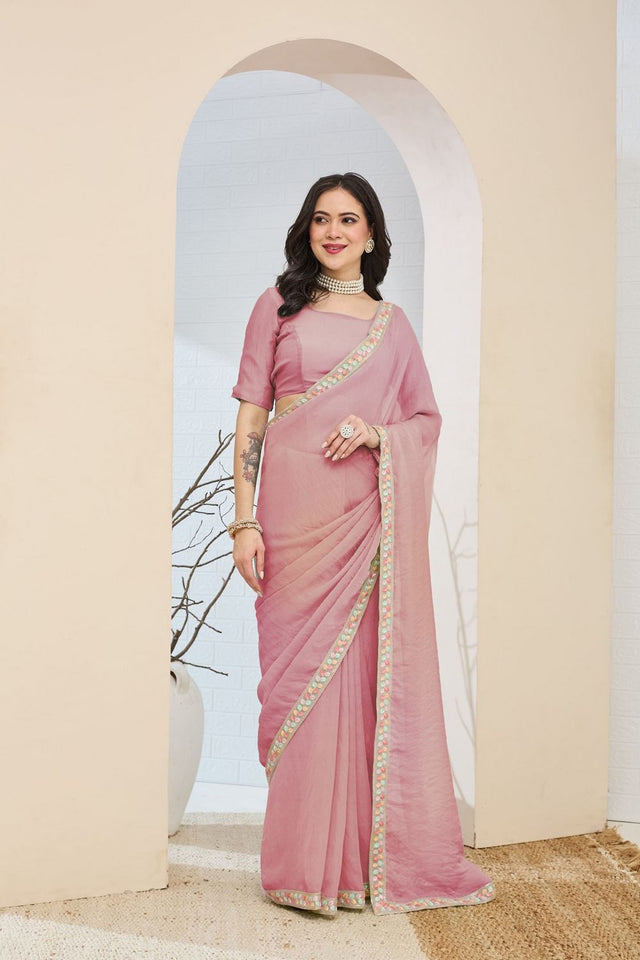 Pink Solid with Lace Work Silk Blend Ready to Wear Saree (ACA9535)