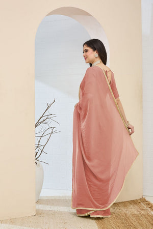Peach Solid with Lace Work Silk Blend Ready to Wear Saree (ACA9536)