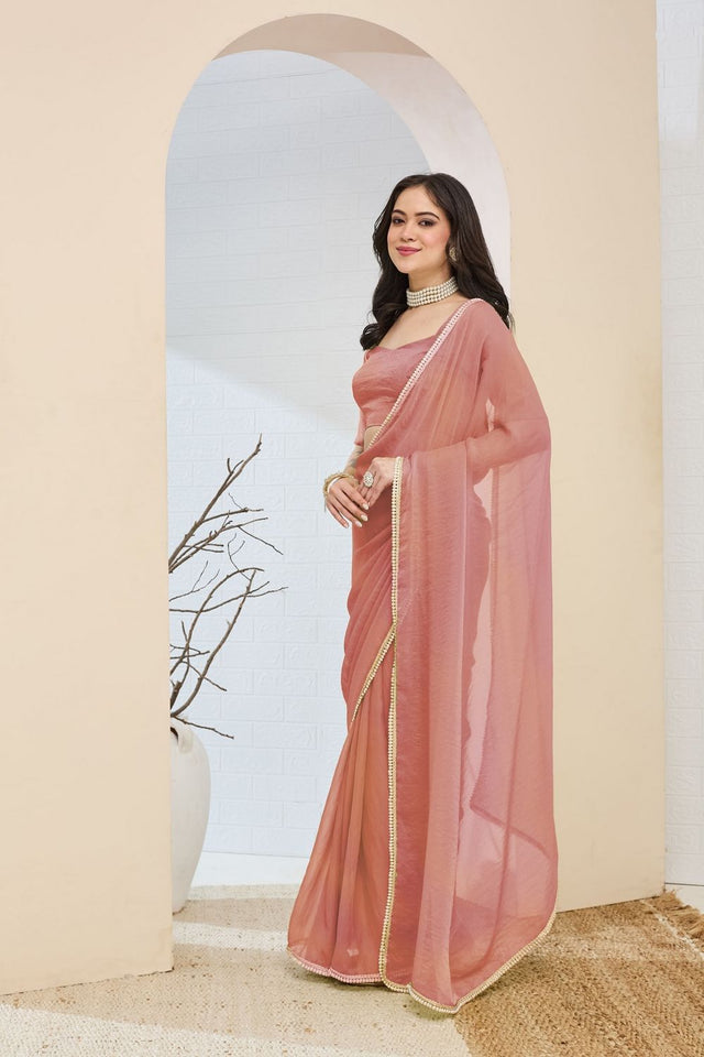 Peach Solid with Lace Work Silk Blend Ready to Wear Saree (ACA9536)