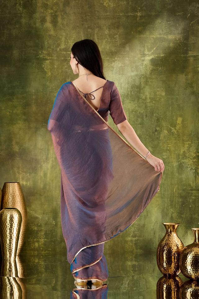 Blue Solid with Lace Work Silk Blend Ready to Wear Saree (ACA9537)