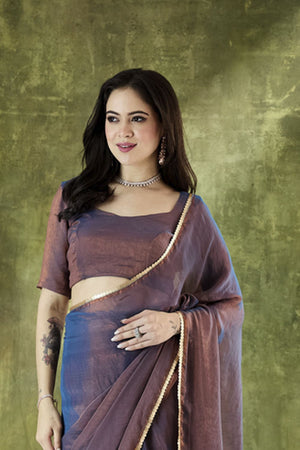 Blue Solid with Lace Work Silk Blend Ready to Wear Saree (ACA9537)