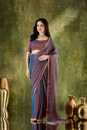 Blue Solid with Lace Work Silk Blend Ready to Wear Saree (ACA9537)