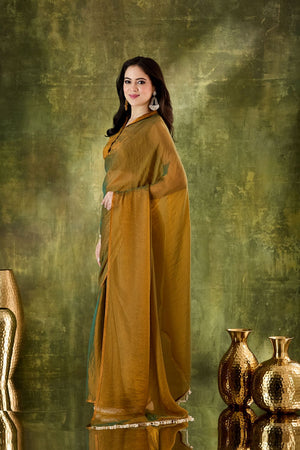 Gold Solid with Lace Work Silk Blend Ready to Wear Saree (ACA9538)