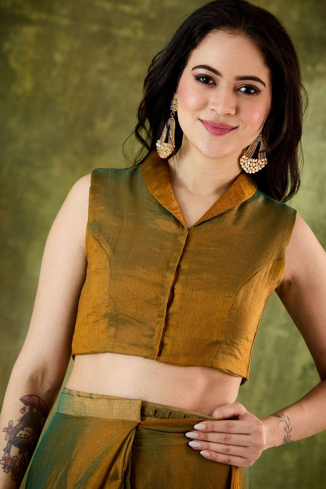 Gold Solid with Lace Work Silk Blend Ready to Wear Saree (ACA9538)