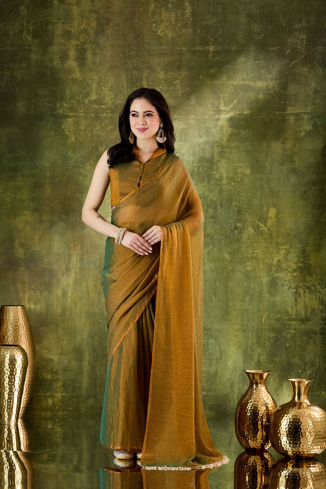 Gold Solid with Lace Work Silk Blend Ready to Wear Saree (ACA9538)