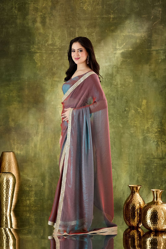 Red Solid with Lace Work Silk Blend Ready to Wear Saree (ACA9539)