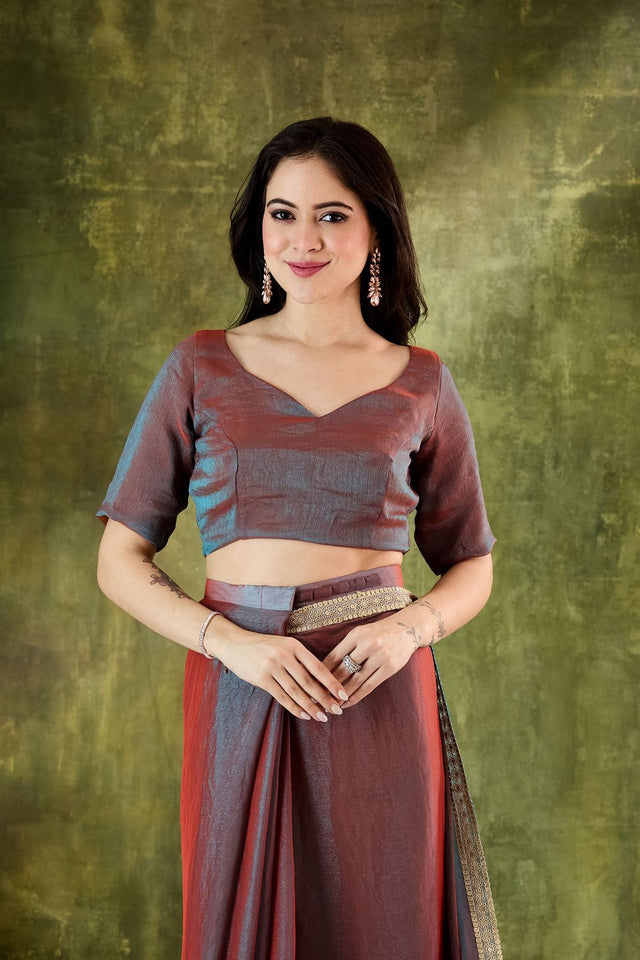 Red Solid with Lace Work Silk Blend Ready to Wear Saree (ACA9539)