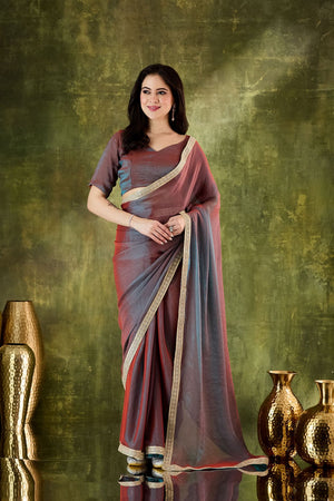 Red Solid with Lace Work Silk Blend Ready to Wear Saree (ACA9539)