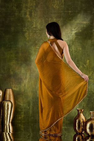 Gold Solid with Lace Work Silk Blend Ready to Wear Saree (ACA9540)
