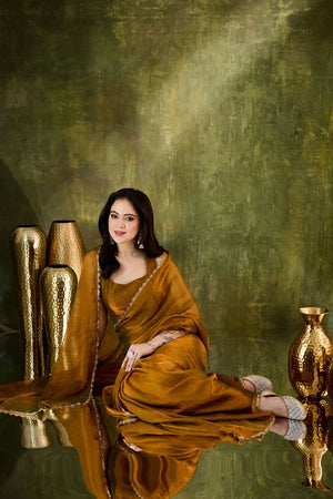 Gold Solid with Lace Work Silk Blend Ready to Wear Saree (ACA9540)