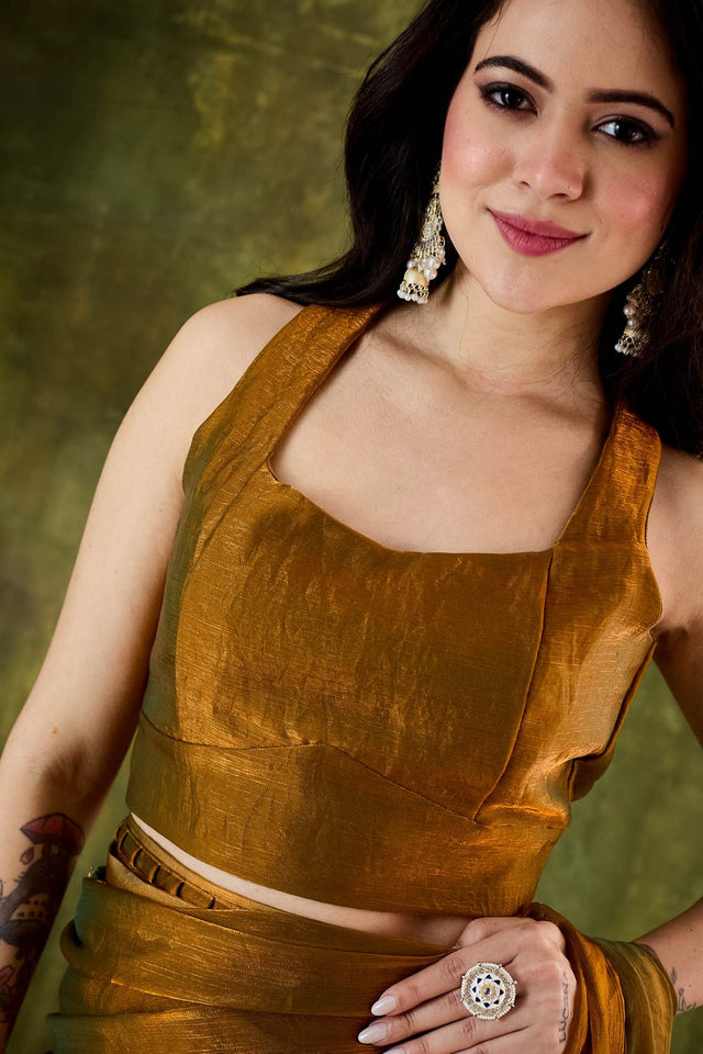 Gold Solid with Lace Work Silk Blend Ready to Wear Saree (ACA9540)