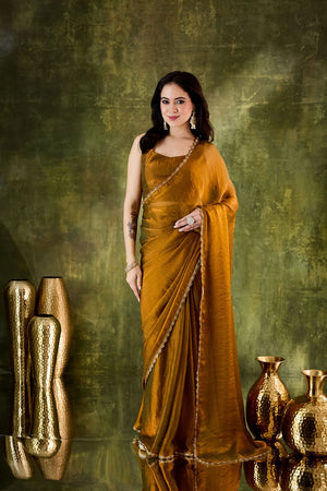 Gold Solid with Lace Work Silk Blend Ready to Wear Saree (ACA9540)